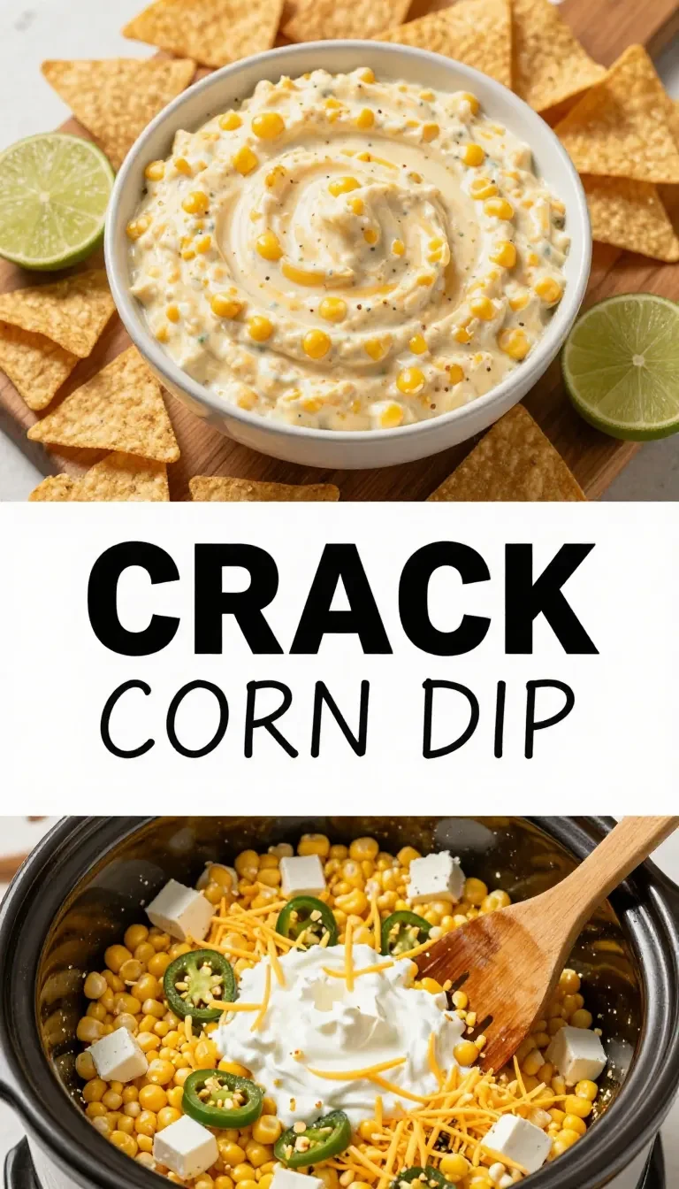 Creamy crack corn dip served in a bowl with corn, cheese, bacon, and green onions, surrounded by tortilla chips