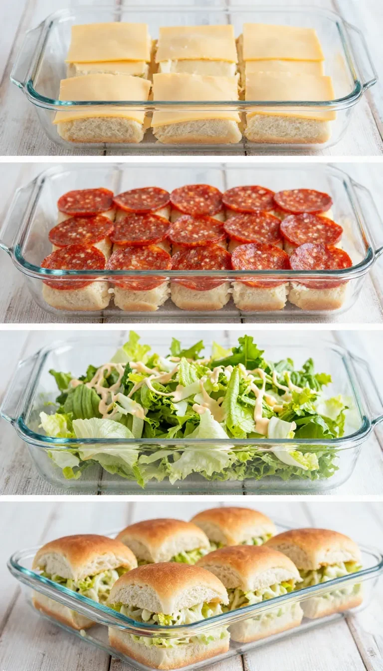 Italian grinder sliders stacked on a serving platter with melted cheese, cured meats, lettuce, tomato, and toasted slider buns