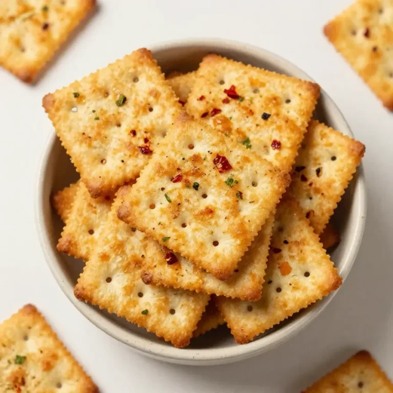 A bowl of spicy Southern fire crackers made from seasoned saltine crackers, coated with red pepper flakes and herbs.