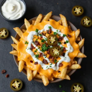 A plate of homemade loaded cheese fries topped with melted cheddar, crispy bacon, green onions, and a drizzle of sour cream.