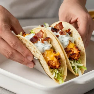 Oven-crispy chicken bacon ranch tacos topped with melted cheese, shredded lettuce, and drizzled ranch on a baking tray