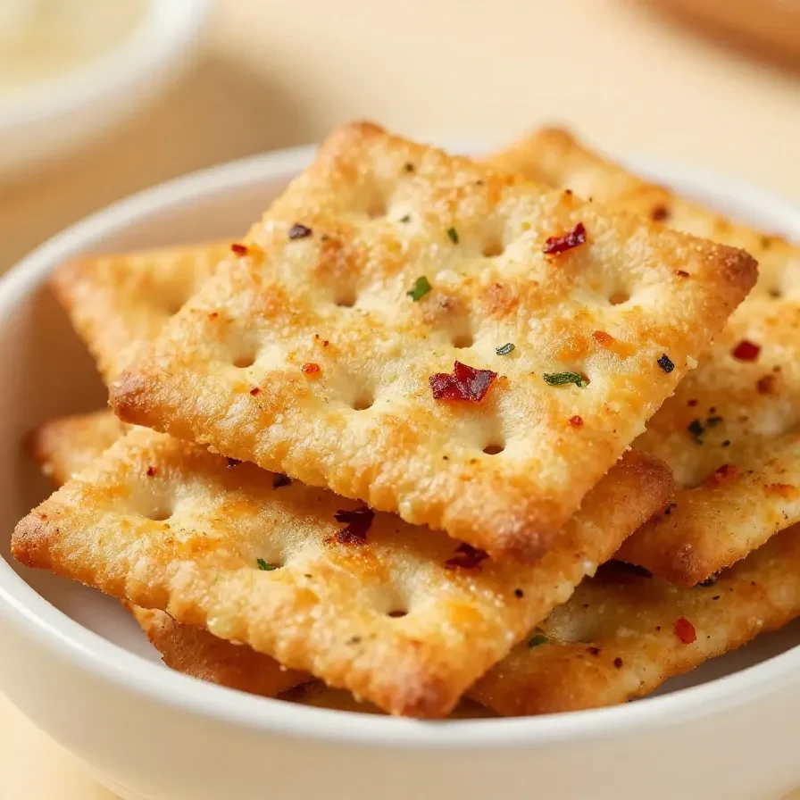 A bowl of spicy Southern fire crackers made from seasoned saltine crackers, coated with red pepper flakes and herbs.