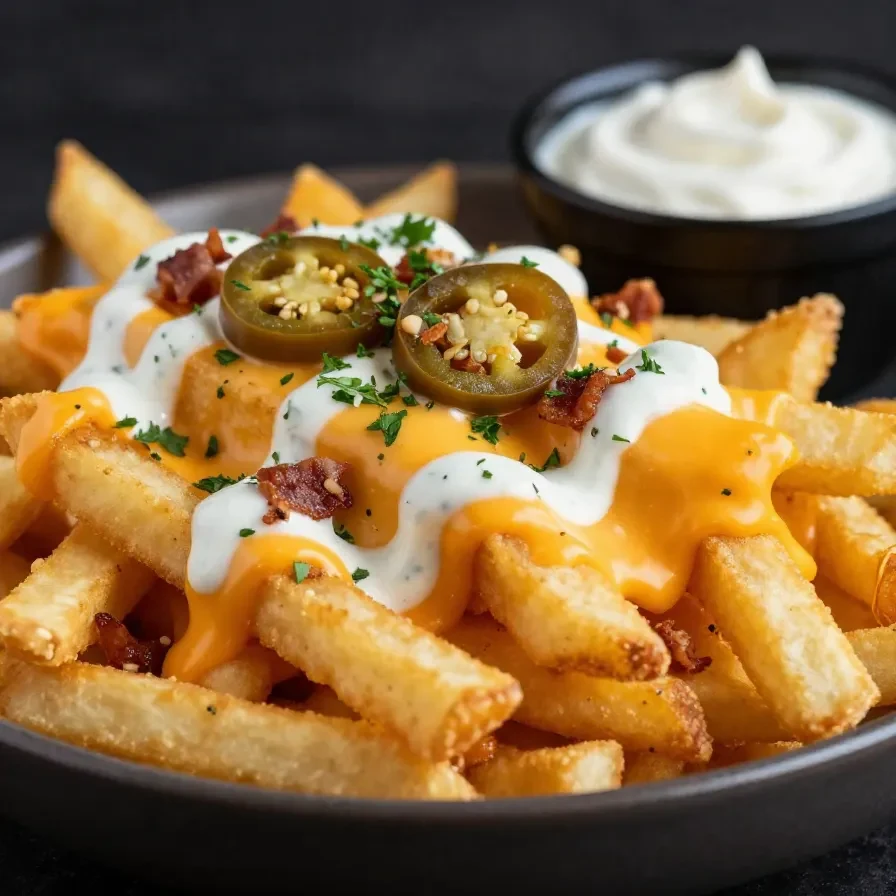 A plate of homemade loaded cheese fries topped with melted cheddar, crispy bacon, green onions, and a drizzle of sour cream.