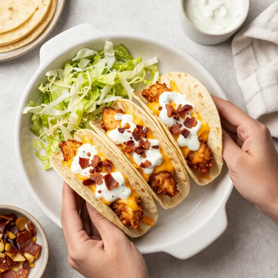 Oven-crispy chicken bacon ranch tacos topped with melted cheese, shredded lettuce, and drizzled ranch on a baking tray