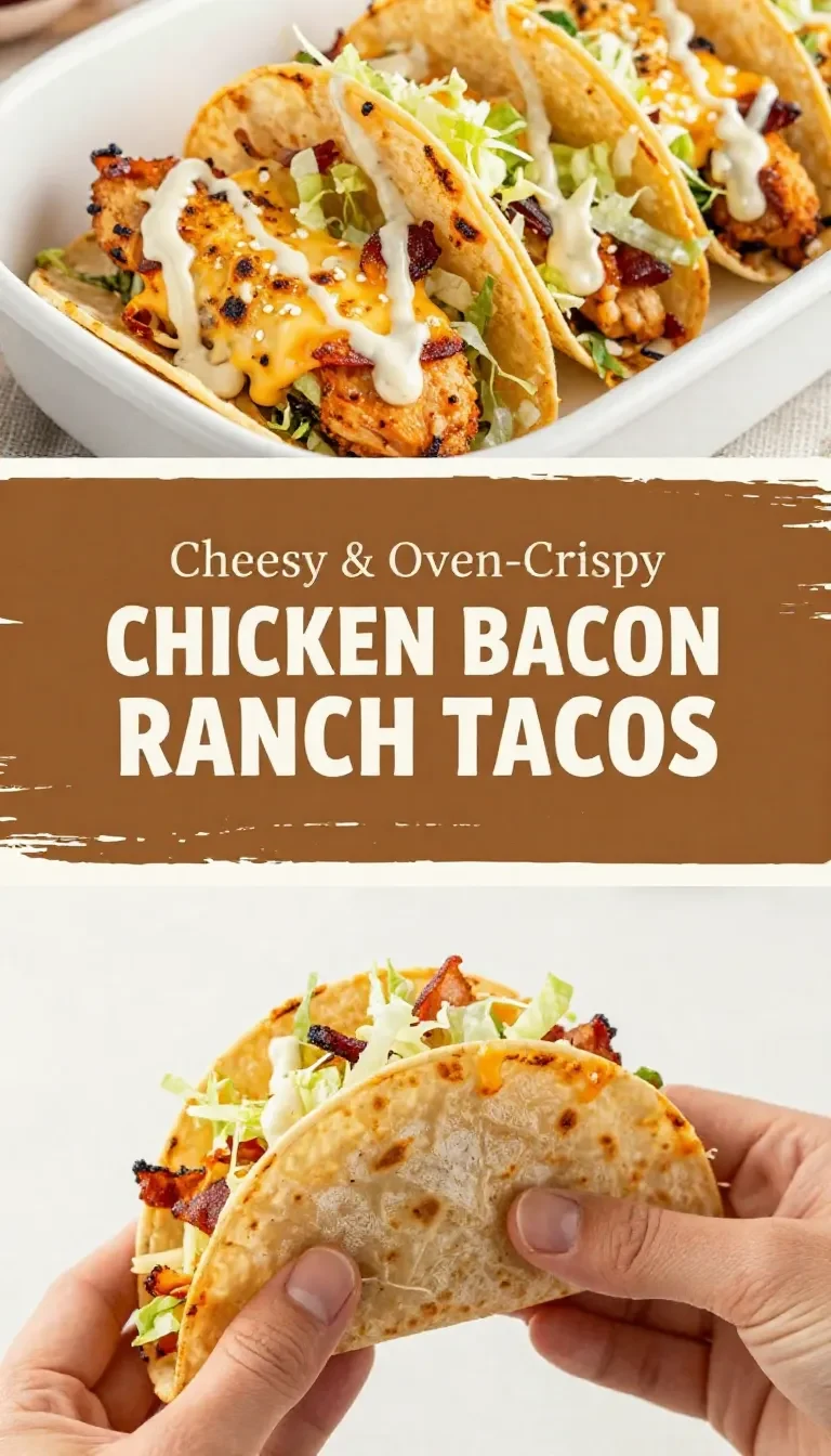 Oven-crispy chicken bacon ranch tacos topped with melted cheese, shredded lettuce, and drizzled ranch on a baking tray