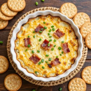 Creamy smoked Gouda bacon dip served in a bowl with crispy bacon pieces and crackers on the side