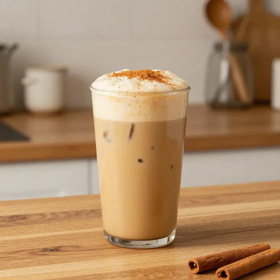 A creamy homemade pumpkin chai latte served in a glass mug with cinnamon sprinkled on top.