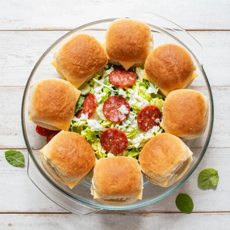 Italian grinder sliders arranged on a platter with melted cheese, deli meats, and toasted slider buns