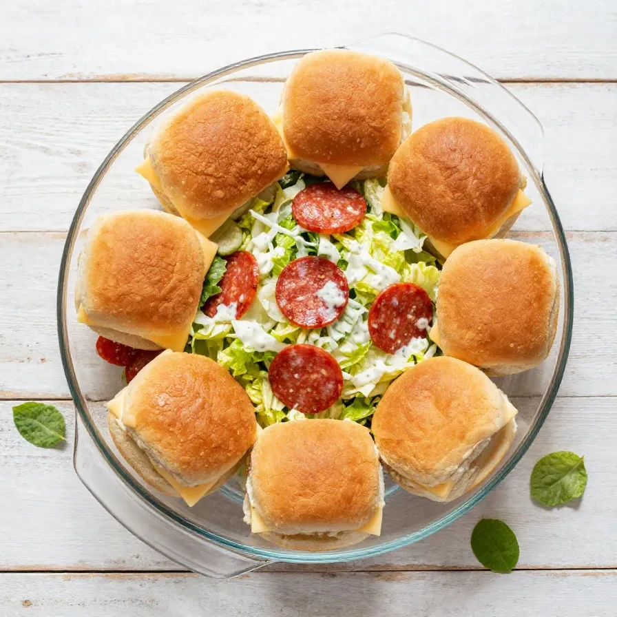 Italian grinder sliders arranged on a platter with melted cheese, deli meats, and toasted slider buns