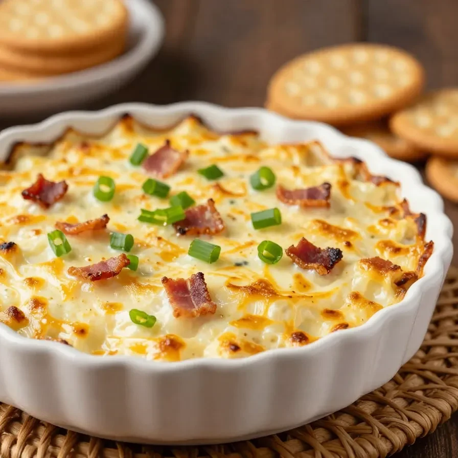Creamy smoked Gouda bacon dip served in a bowl with crispy bacon pieces and crackers on the side
