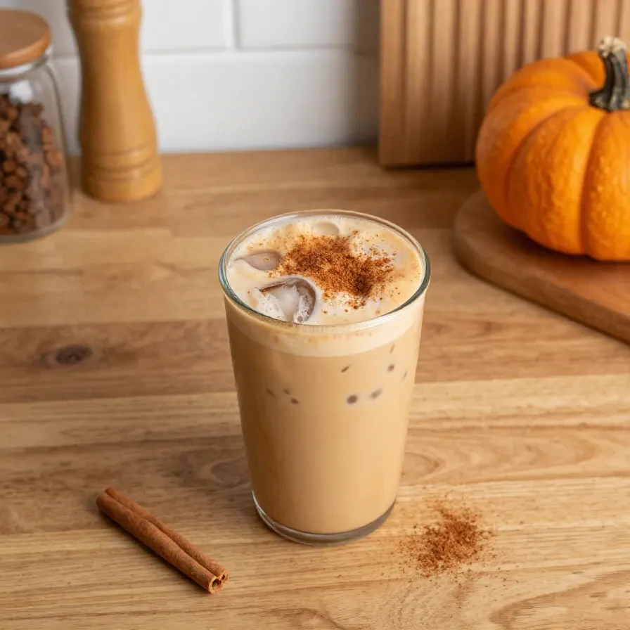 A creamy homemade pumpkin chai latte served in a glass mug with cinnamon sprinkled on top.
