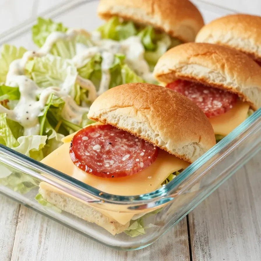 Italian grinder sliders arranged on a platter with melted cheese, deli meats, and toasted slider buns
