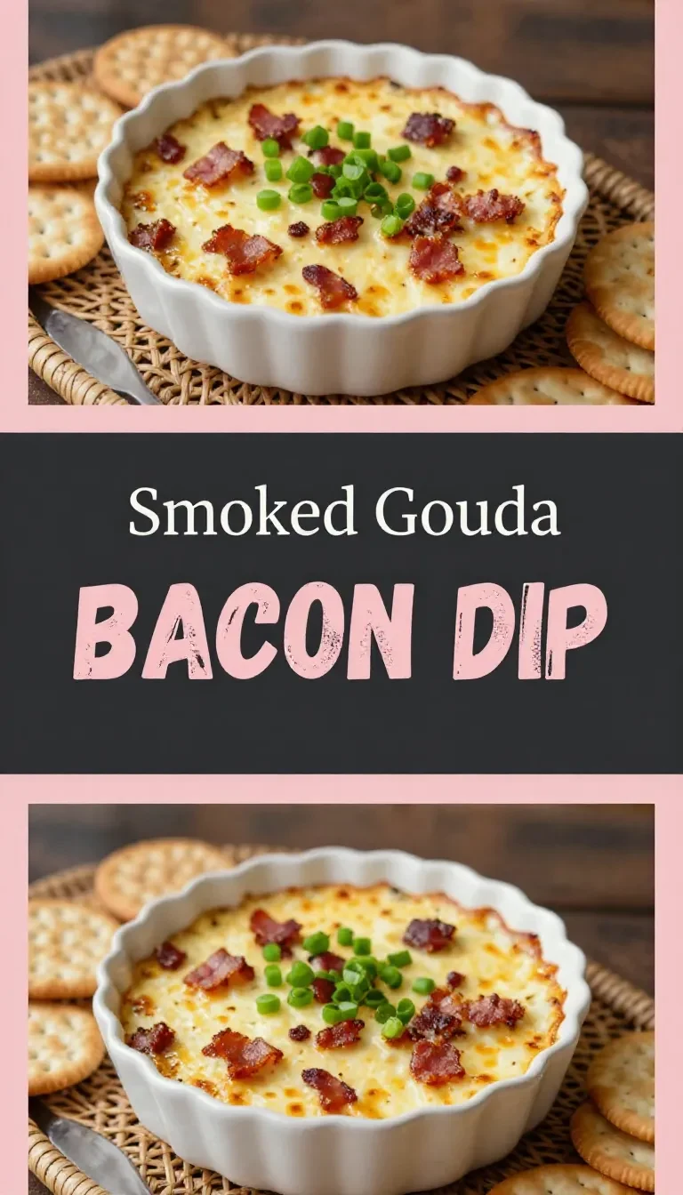Creamy smoked Gouda bacon dip served in a bowl with crispy bacon pieces and crackers on the side