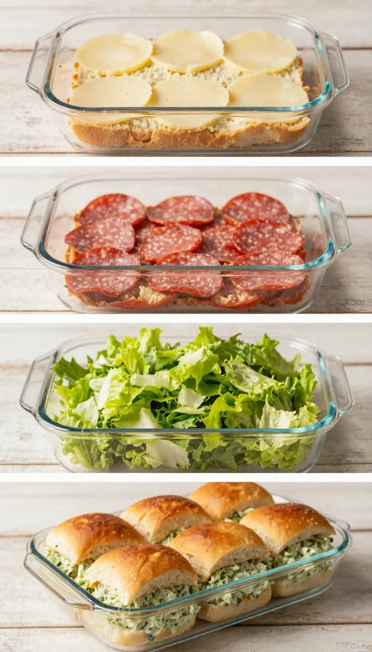 Italian grinder sliders arranged on a platter with melted cheese, deli meats, and toasted slider buns