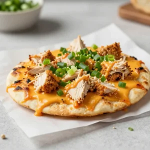 Buffalo chicken flatbread topped with shredded chicken, melted cheese, and chopped green onions on a baking tray