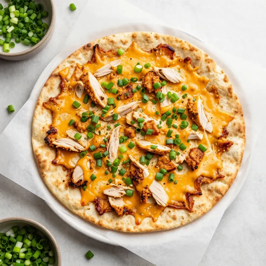 Buffalo chicken flatbread topped with shredded chicken, melted cheese, and chopped green onions on a baking tray