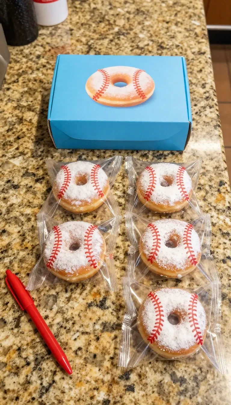 Powdered doughnuts arranged on a plate as a sweet baseball snack for a game day treat