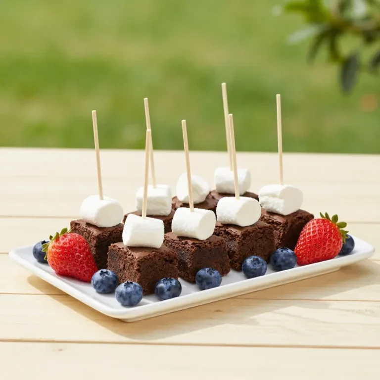 Fourth of July brownie kabobs with layers of brownie pieces, strawberries, and blueberries on wooden skewers