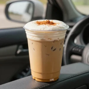 A Starbucks Pumpkin Cream Cold Brew in a clear cup topped with pumpkin cream foam and a dusting of spice.
