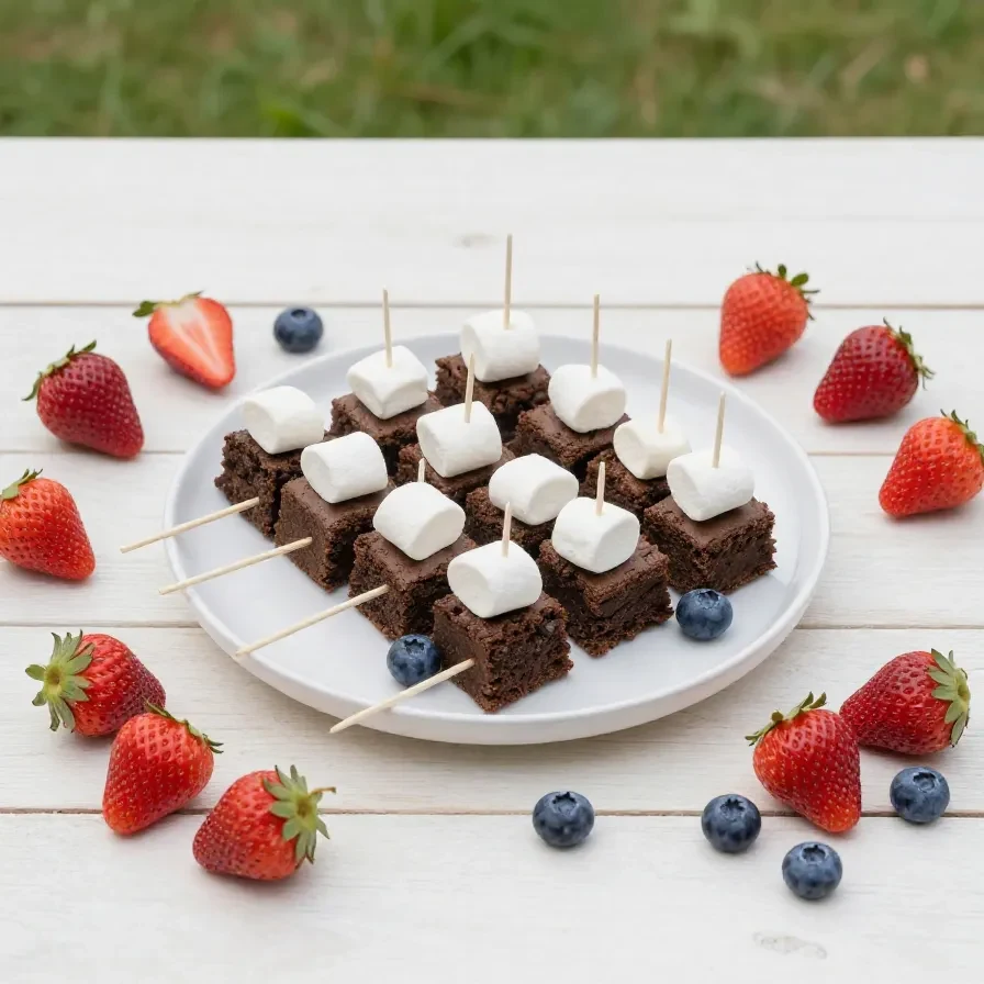 Fourth of July brownie kabobs with layers of brownie pieces, strawberries, and blueberries on wooden skewers