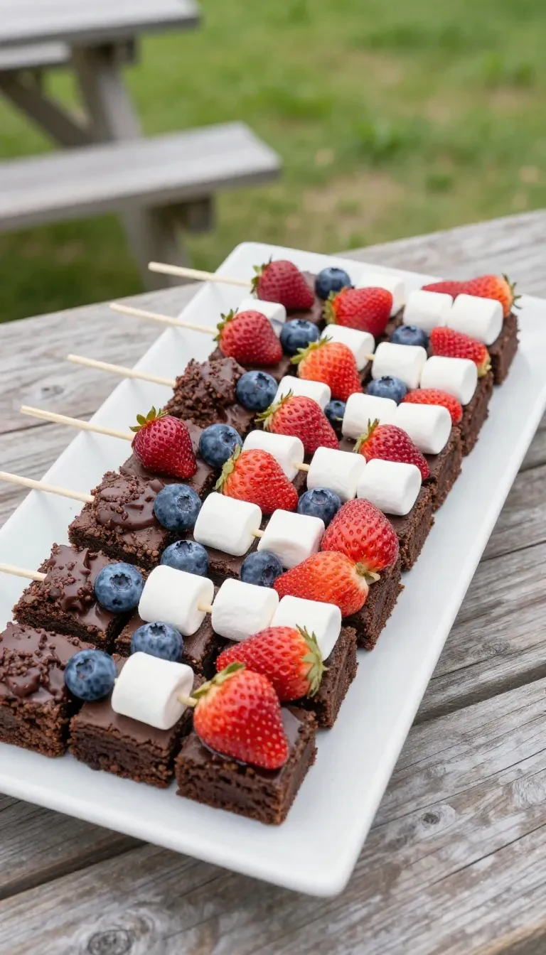 Fourth of July brownie kabobs with layers of brownie pieces, strawberries, and blueberries on wooden skewers