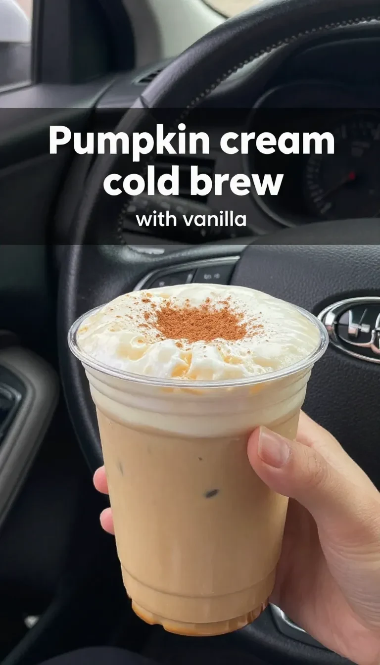 A Starbucks Pumpkin Cream Cold Brew in a clear cup topped with pumpkin cream foam and a dusting of spice.