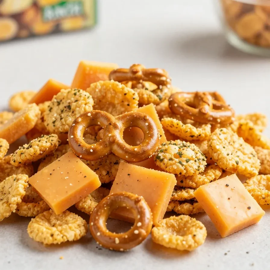 A bowl of ranch trail mix snack mix with pretzels, nuts, cereal squares, and seasoned crackers.