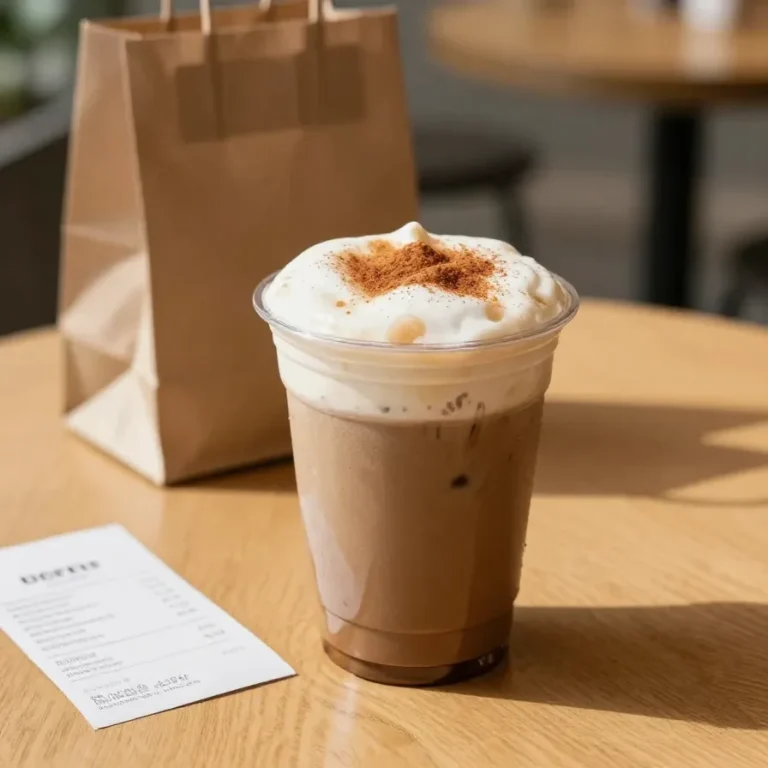 A tall glass of pumpkin chai tea topped with creamy cold foam and a light dusting of cinnamon on a rustic table.