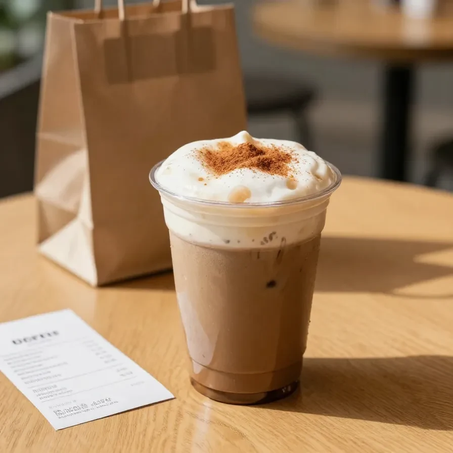 A tall glass of pumpkin chai tea topped with creamy cold foam and a light dusting of cinnamon on a rustic table.