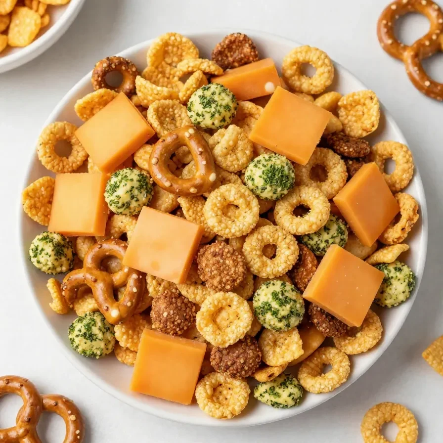A bowl of ranch trail mix snack mix with pretzels, nuts, cereal squares, and seasoned crackers.