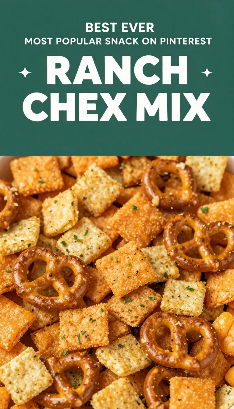 A bowl of ranch trail mix snack mix with pretzels, nuts, cereal squares, and seasoned crackers.