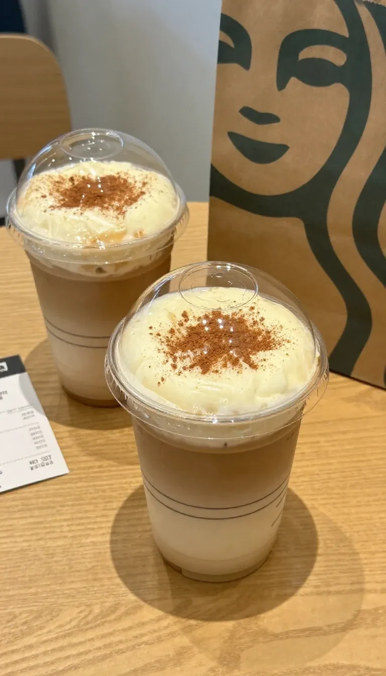 A tall glass of pumpkin chai tea topped with creamy cold foam and a light dusting of cinnamon on a rustic table.