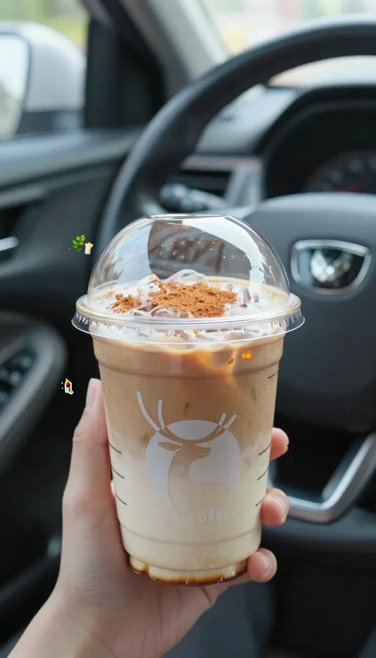 A steaming mug of vegan pumpkin spice coffee topped with dairy-free foam and a sprinkle of cinnamon on a cozy autumn table