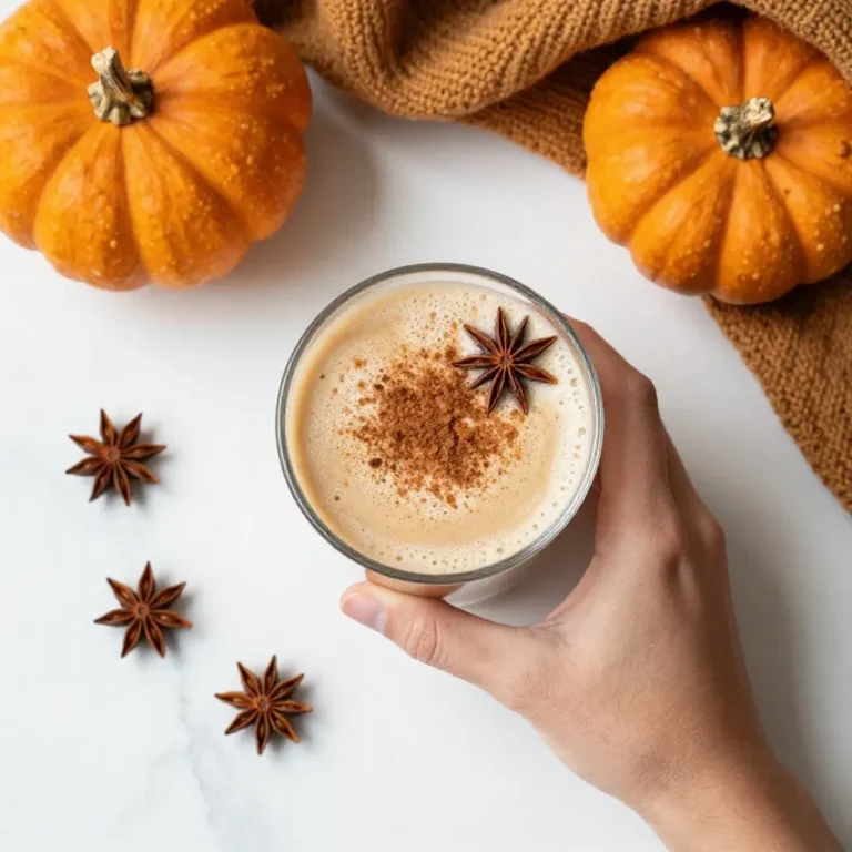A homemade pumpkin spice chai latte served in a mug with whipped cream and cinnamon on top.