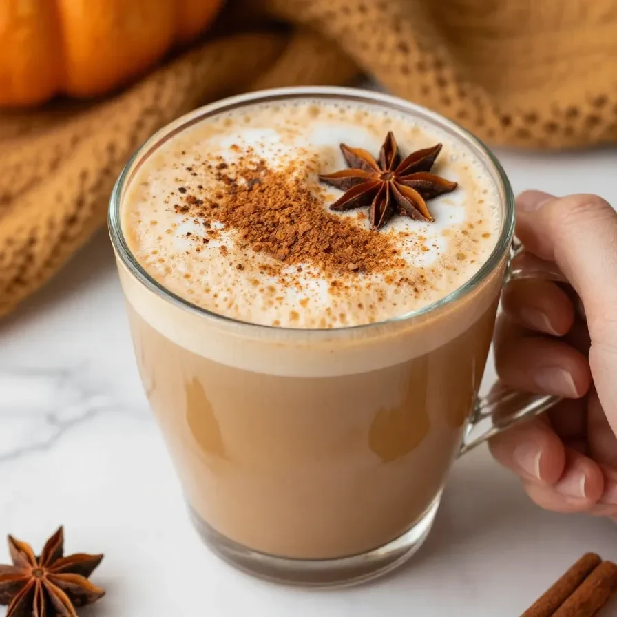 A homemade pumpkin spice chai latte served in a mug with whipped cream and cinnamon on top.
