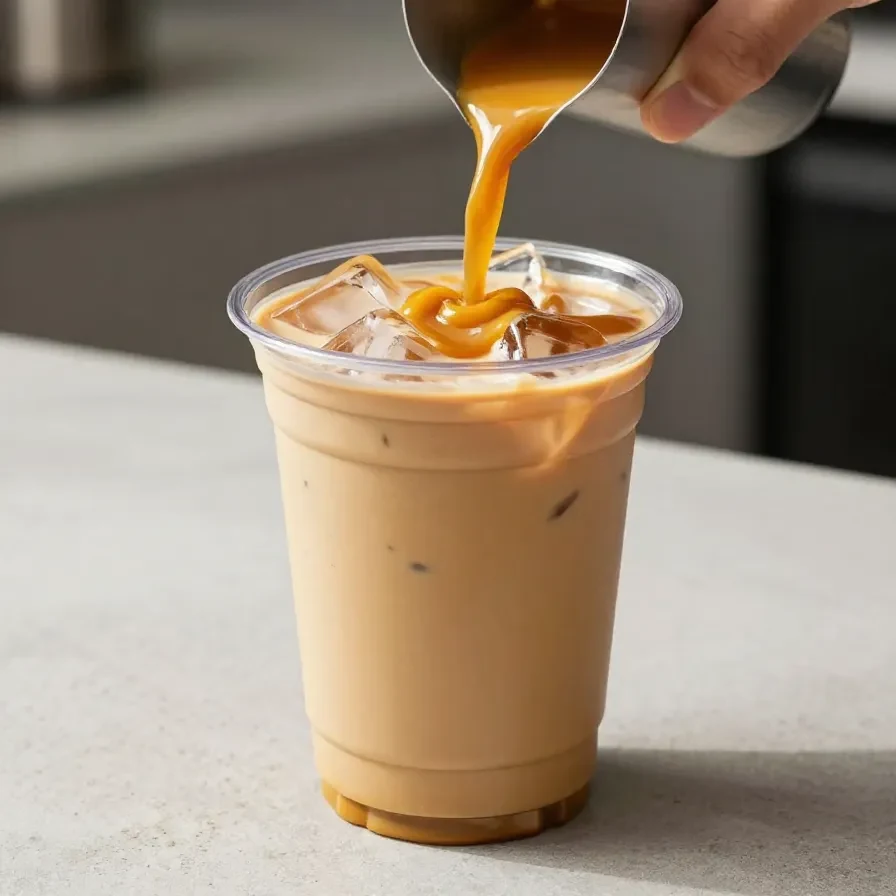 A homemade iced pumpkin chai latte in a clear glass filled with ice, topped with a creamy pumpkin spice foam and a sprinkle of cinnamon.