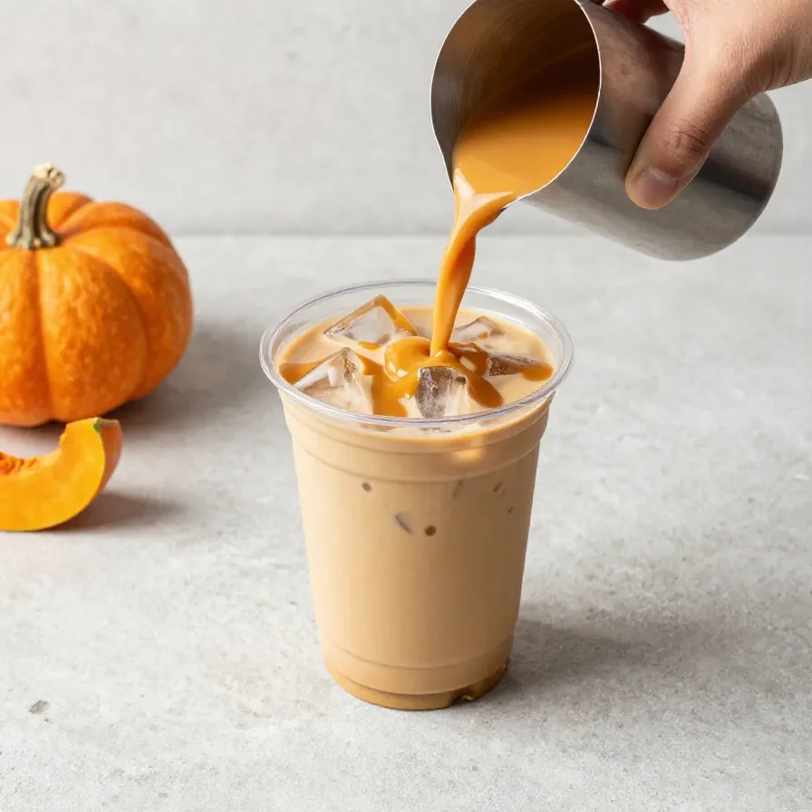 A homemade iced pumpkin chai latte in a clear glass filled with ice, topped with a creamy pumpkin spice foam and a sprinkle of cinnamon.