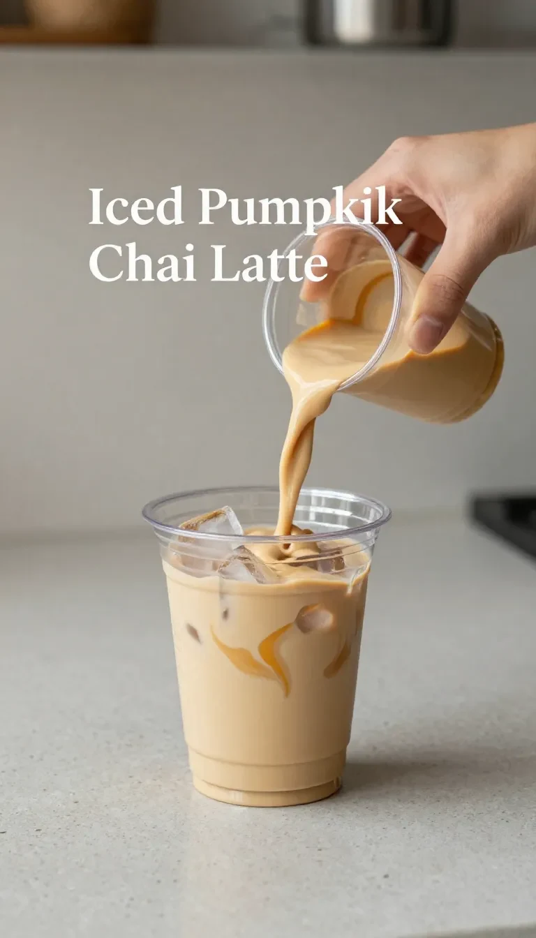 A homemade iced pumpkin chai latte in a clear glass filled with ice, topped with a creamy pumpkin spice foam and a sprinkle of cinnamon.