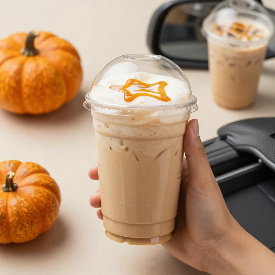 A caramel pumpkin chai latte topped with pumpkin cold foam in a clear glass, styled with fall spices and warm autumn tones.