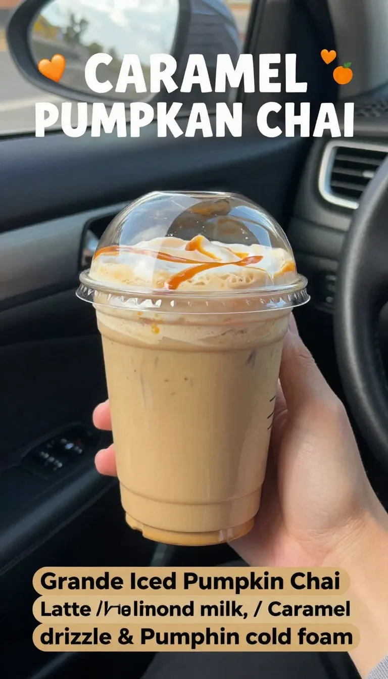 A caramel pumpkin chai latte topped with pumpkin cold foam in a clear glass, styled with fall spices and warm autumn tones.
