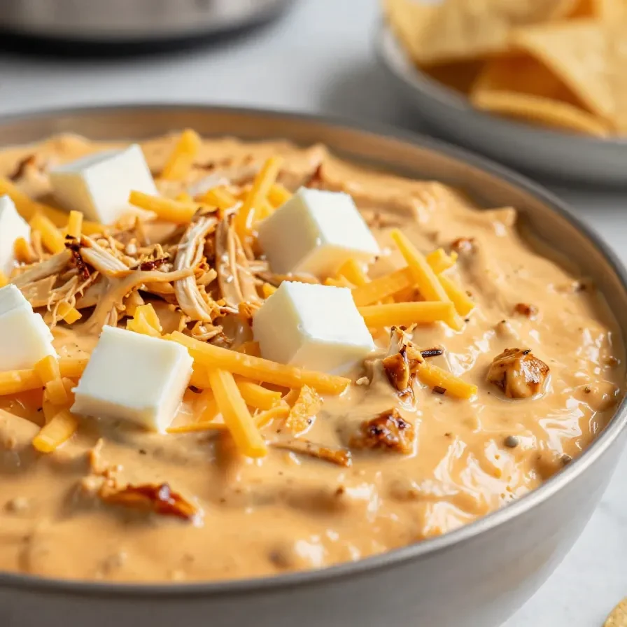A crockpot filled with creamy Buffalo chicken dip topped with melted cheese and chopped green onions, served with tortilla chips.