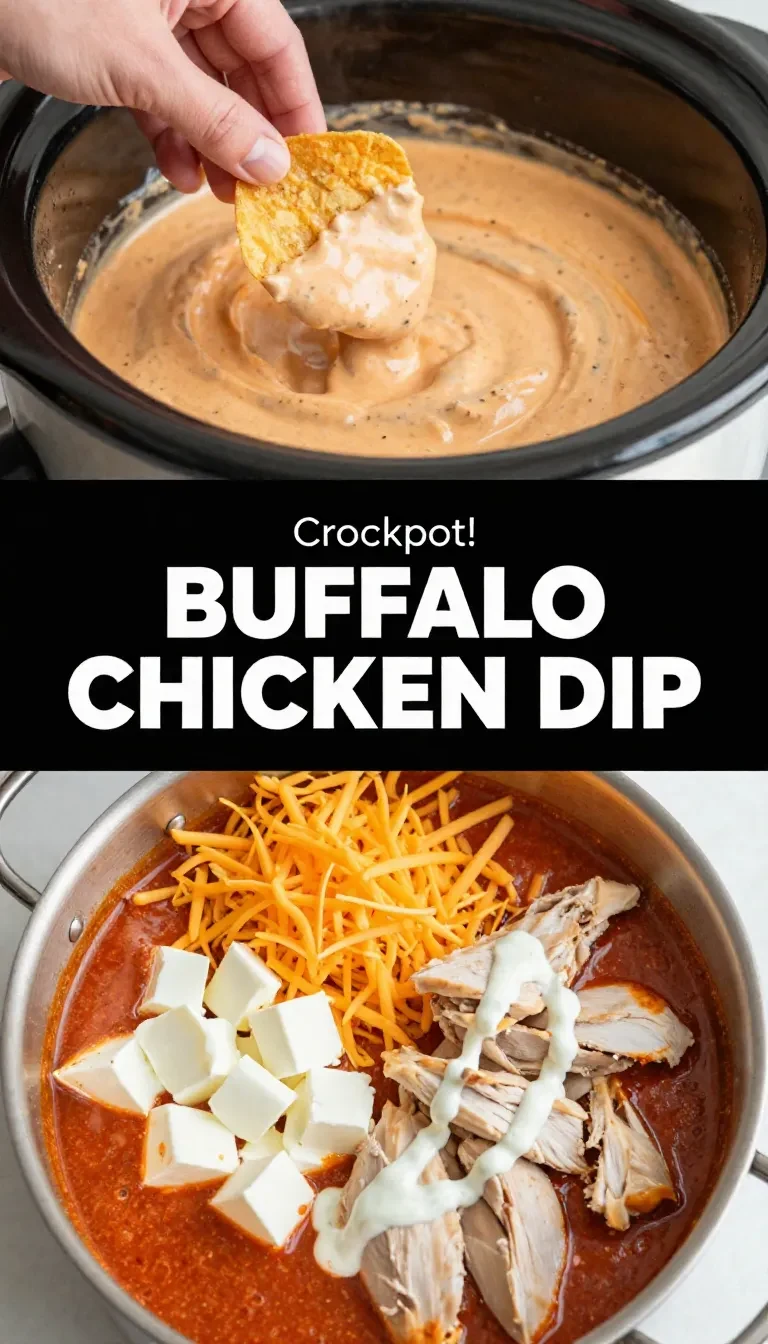 A crockpot filled with creamy Buffalo chicken dip topped with melted cheese and chopped green onions, served with tortilla chips.