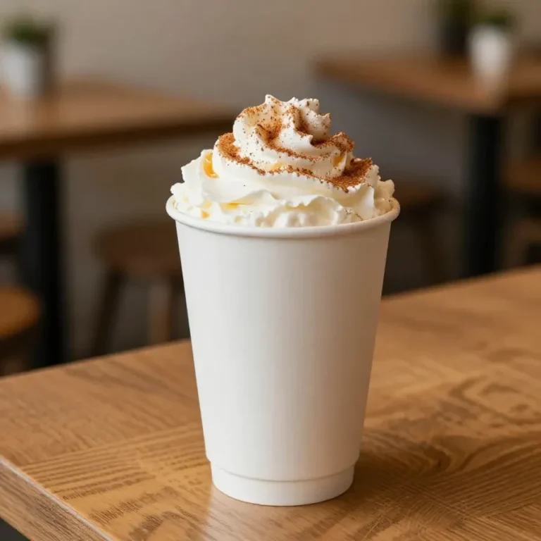 A creamy pumpkin spice latte topped with whipped cream and cinnamon in a ceramic mug