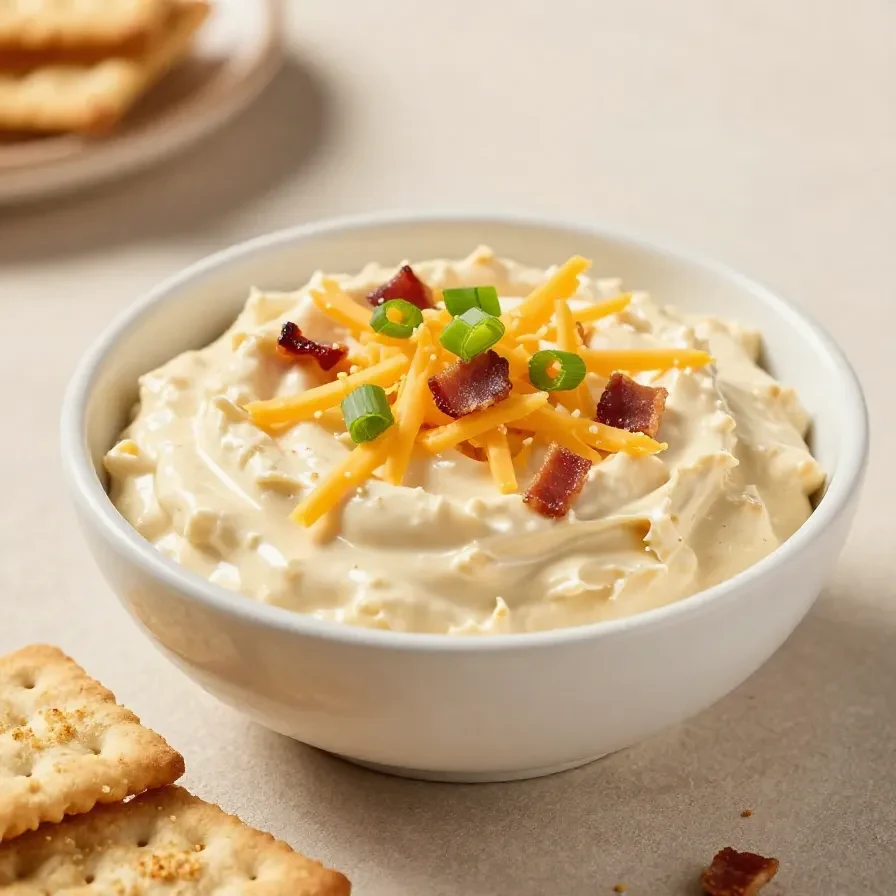 A bowl of creamy Crack Dip topped with shredded cheese and chopped green onions, served with crackers and fresh vegetables.