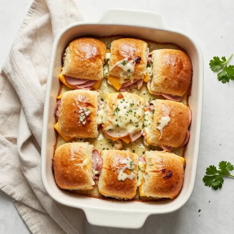 A tray of baked ham and cheese sliders with golden tops and melted cheese.