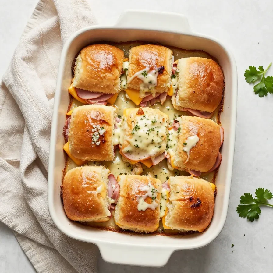 A tray of baked ham and cheese sliders with golden tops and melted cheese.