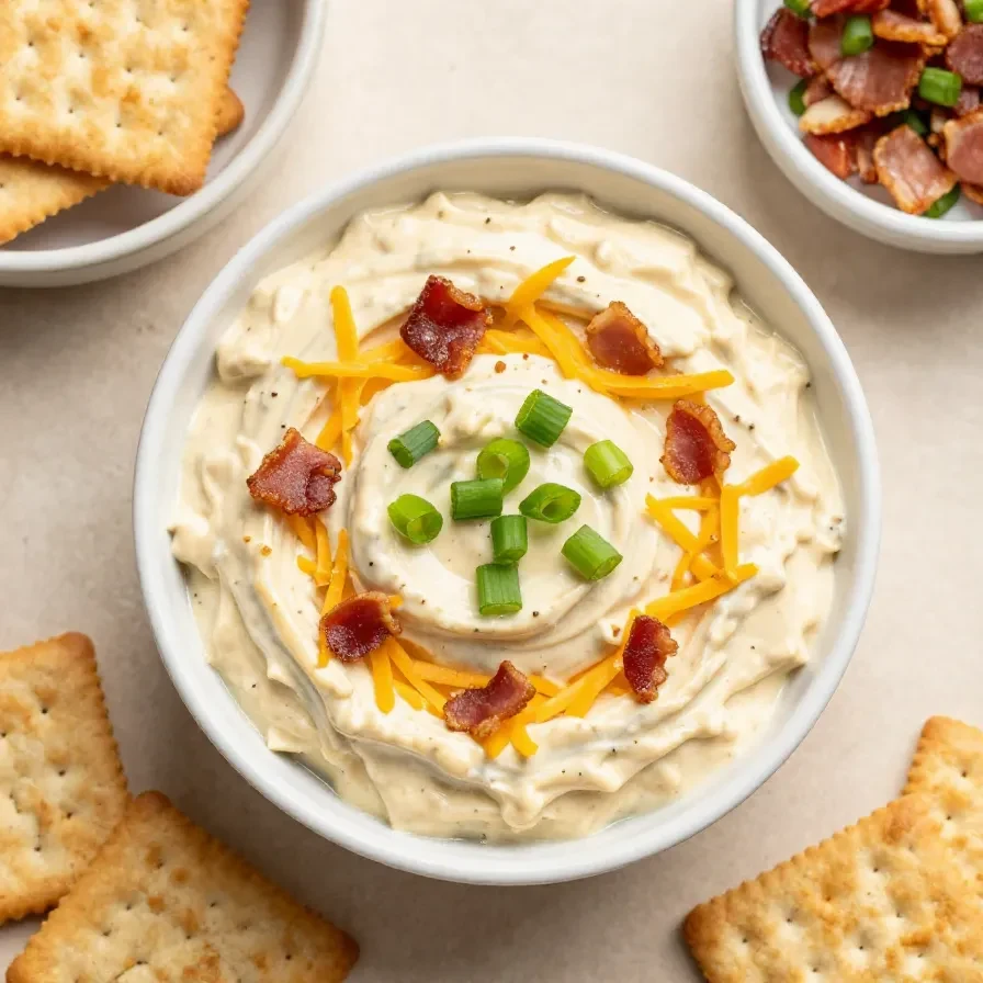 A bowl of creamy Crack Dip topped with shredded cheese and chopped green onions, served with crackers and fresh vegetables.