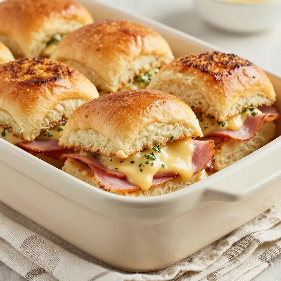 A tray of baked ham and cheese sliders with golden tops and melted cheese.