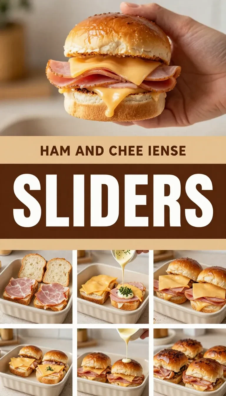 A tray of baked ham and cheese sliders with golden tops and melted cheese.