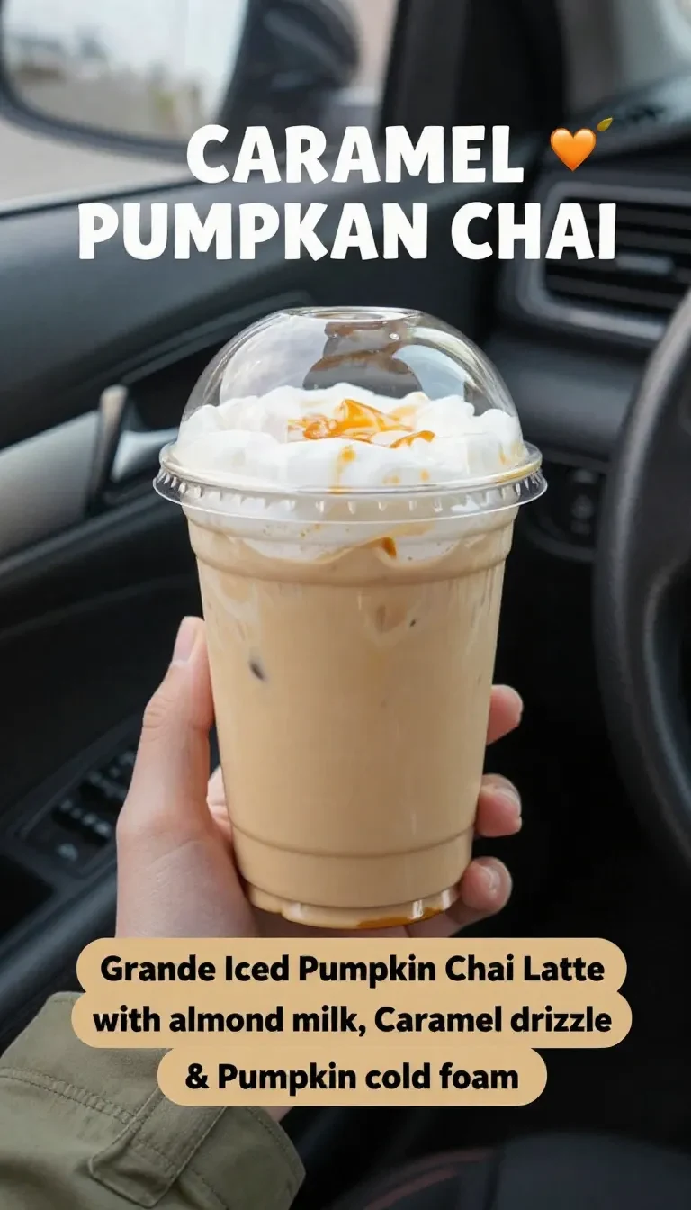 A caramel pumpkin chai latte topped with pumpkin cold foam in a clear glass, garnished with caramel drizzle and a sprinkle of cinnamon.